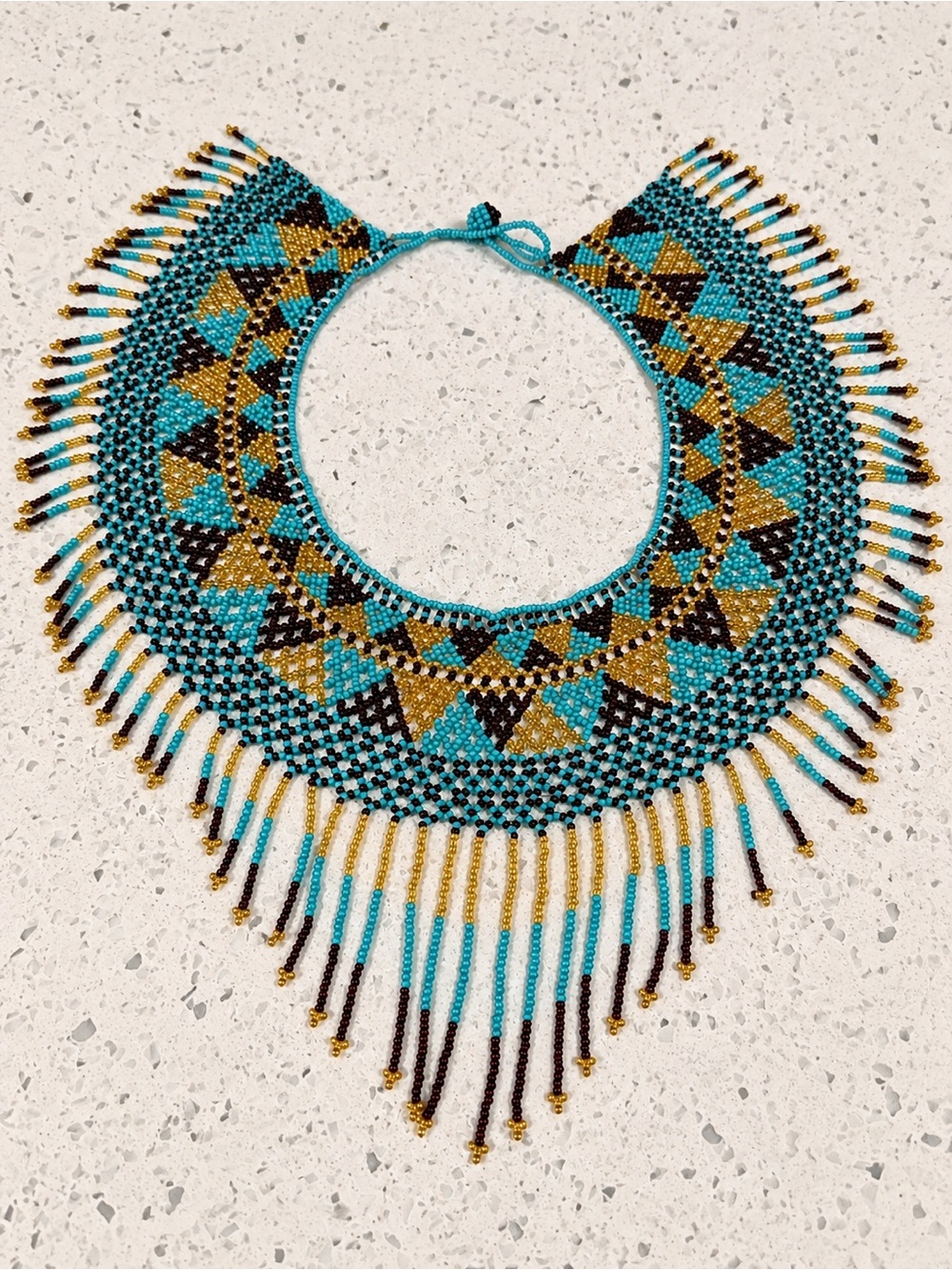 Handmade Beaded Bib Statement Necklace Turquoise Gold Brown Fringe